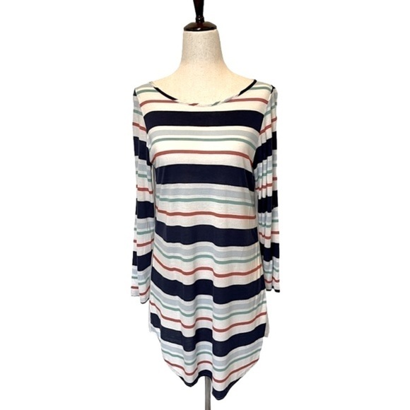 Splendid White Multicolor Striped Multi Fabric Long Sleeve Roll Tab Top Size S - Picture 2 of 10